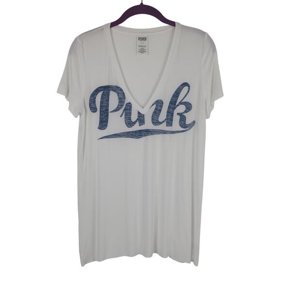 Victoria's Secret Pink White Blue Lightweight Spell-out Women's Top S - Picture 1 of 5